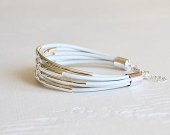 White Leather Cuff Bracelet with Silver Tube Beads - Minamalist Design Multi Strand Bangle Women's Bracelet ... by B A L O O S