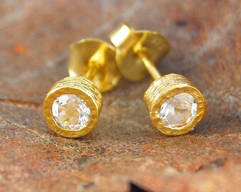 Gold Stud Earring, Diamond Cut Earring, Natural Clear Gemstone, White Topaz Earrings, Semi-Precious Studs, Gold Studs, 18 Carat Gold Plating
