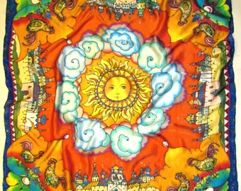 Silk scarf. Hand painted Silk Shawl, Silk Scarf in Red, gold, blue, white colors.Batik shawl "Roosters" Size 35/35 inch. 100% silk.