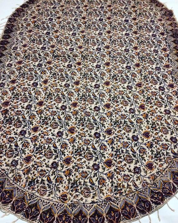Oval tablecloth Natural cotton flowers , traditional original block printed table top with tassels