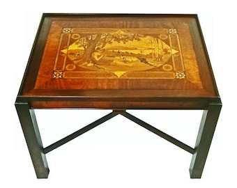 Inlaid Marquetry Coffee Table Figural Pastoral Motif - 20th Century