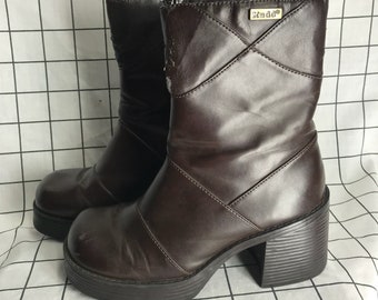 Vintage 'Mudd' Patchwork Brown Leather Chunky Heel Platform Boots
