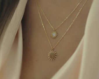 14K Gold Necklace, Gold Sun Necklace Available in 14k Gold, White Gold or Rose Gold