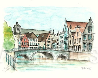 Bruges Belgium / art print from an original watercolor painting