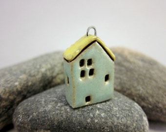 House Pendant in Stoneware...Turquoise Green & Yellow