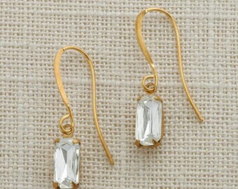Gold French Hook Earrings Emerald Cut Stone Diamond Crystal Clear Rhinestone Wedding Earrings Bridesmaid Gift Handcrafted 10mm 6H