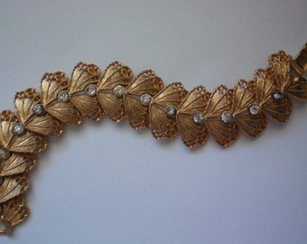 Gold tone Filigree Link Bracelet with Rhinestones - 4480