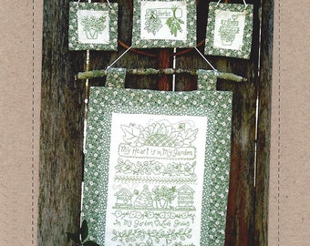 Bird Brain Designs - Garden Sampler Greenwork Wall Hanging - Garden Ornaments - Embroidery Pattern - BBD139 Designer Robin Kingsley