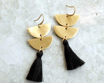 Black Tassel Earrings, Chandelier Tassel Earrings, Black Tassel and Brass Crescent