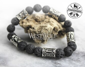 Icelandic Black Lava Rock Bracelet with Viking Rune Beads --- Norse/Scandinavian/Medieval/Volcano Stone/Bead/Jewelry/Skyrim
