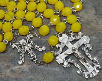 Czech Glass Rosary in Yellow Opal, 5 Decade Rosary, Catholic Rosary, Mary Rosary, Our Lady of Grace, Large Size Rosary