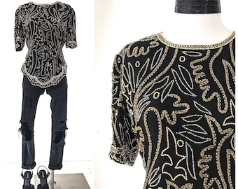 80s Clothing Women 80s Vintage Clothing SEQUIN Top BEADED TOP Embellished Top Formal Tops for Women Evening Blouse Formal Blouse Fancy Top M