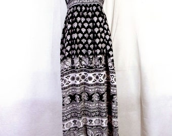 vtg 90s euc Angie Black Gray Floral Rayon Maxi Dress Tube India hippy boho L