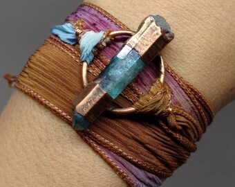 Silk Wrap Bracelet - Boho Wrap Bracelet - Gifts for Her - Raw Crystal - Colorful Bracelet - Unique Jewelry - Aqua Aura Quartz Wrap Bracelet