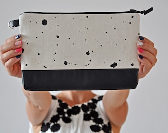 Cotton Handbag, Black and White Clutch, Leather Handbag