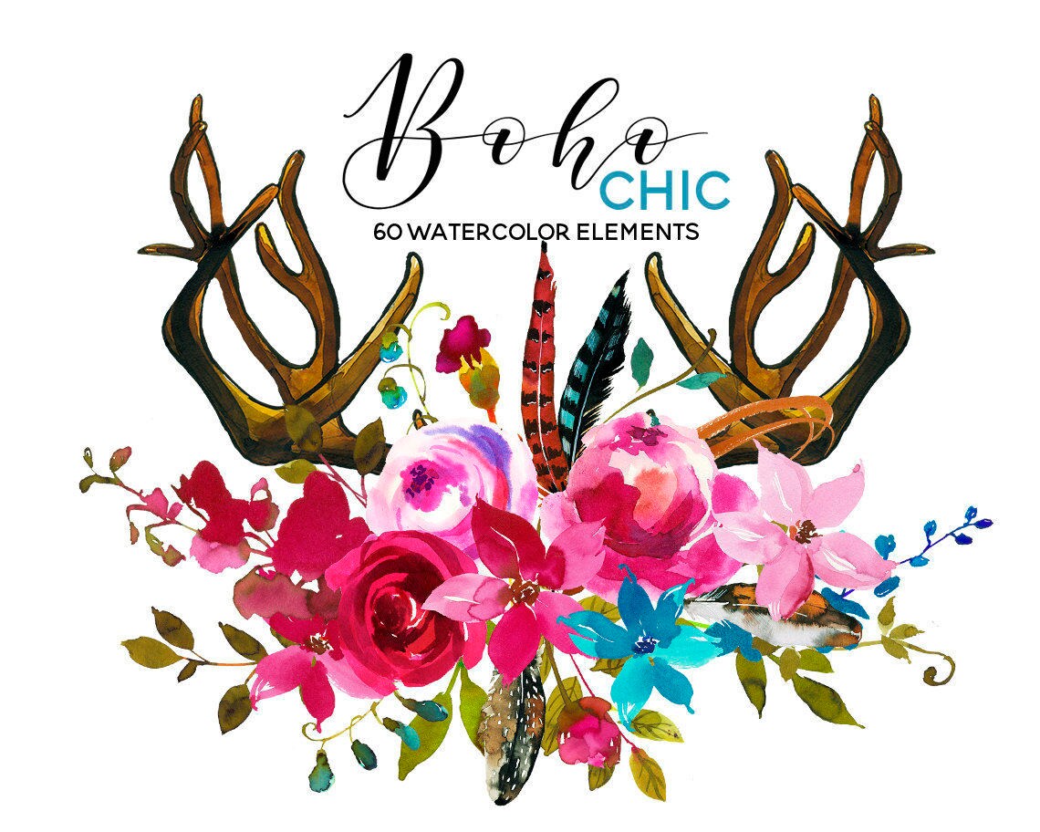 Download Watercolor Boho Clipart Pink Blue Flowers Deer Scull Horns