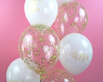 Love Is In The Air Happily Ever After Mr Mrs white latex calligraphy balloon gold confetti wedding bridal shower engagement