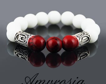 Red howlite bracelet, White quartz bracelet, Runes bracelet, Gemstone bracelet, Energy bracelet, Healing bracelet, Bracelet with stones