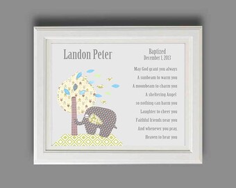 Baby Boy Baptism Gift - Christening Gifts for Boys - Personalized Baptism Gift - Elephant Nursery Art -Baby Nursery Decor - PRINT