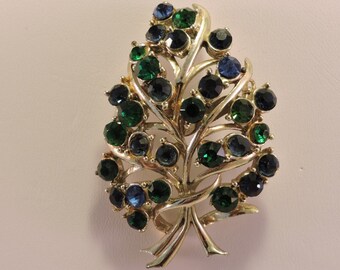 Vintage Gold Tone Blue & Green Rhinestone Grape Cluster Brooch