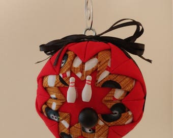 Red and Black folded fabric handmade ornament with bowling ball and pins