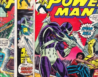 Luke Cage 33, 34 and 35 comic lot. Power Man, Hero for Hire book. Netflix, Misty Knight. 1976 Marvel Comics up to VF (8.0)