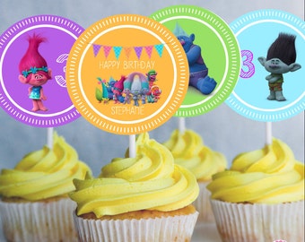TROLLS EDITABLE Cupcake Toppers Favor Tags, Instant Downloand, Poppy, Branch, Group, Edit with name and age, rainbow colors, edit at home