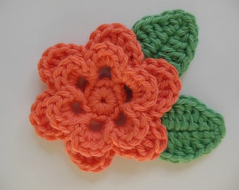Crocheted Flower with Leaves - Mango and Apple Green - Cotton Yarn - Crocheted Flower and Leaf Appliques