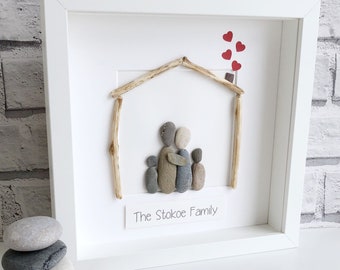Framed Pebble Art, Family Pebble Art , Housewarming Gift, Family Pebble Picture, Mother's Day Gift, Mothers Day Gift personalised