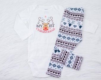 Baby's First Christmas Shirt, "My 1st Christmas", Baby Boy, Baby Girl, Christmas Leggings, Reindeer Leggings
