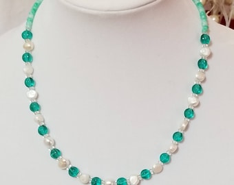 Aqua glass and freshwater pearl necklace