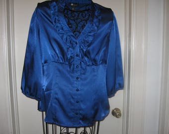 Vintage Blue Ruffle Button Up Front AB Studio Blouse Size Large