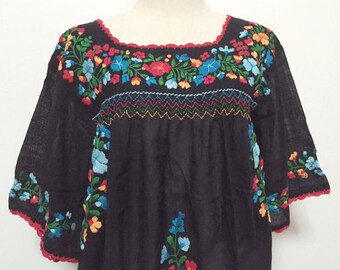 Handmade Embroidered Blouse Mexican Style Cotton Top In Black, Boho Blouse, Hippie Top