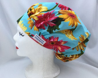 Scrub Hat Bouffant Style Designer Michael Miller's Gerbera Garden Floral on Blue