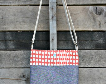 Crossbody Bag, Tribal Print Fabric, Denim, Everyday Purse, Adjustable Strap