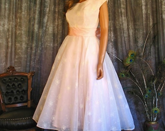 Vintage 50s Floral Flocked Chiffon Gown / 50s Fit and Flare Prom Dress / Pink Back Bow