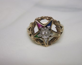Vintage Ladies Eastern Star Ring Masonic 10K Gold Diamond Gemstones Womens Size 8.5