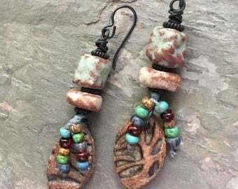 Tribal Earrings, Ceramic Jewelry, Eclectic Prairie, Unusual Earrings, Artisan Jewelry, Rustic Earrings, Ethnic Earrings