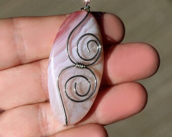 Pink Banded Agate Wire Wrapped Gemstone Pendant - 24mm x 60mm