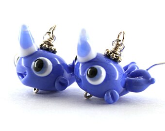 Narwhal earrings charms jewelry whale glass lampwork blue narwhal silver earrings ,artisan lampwork earrings ,whale earrings