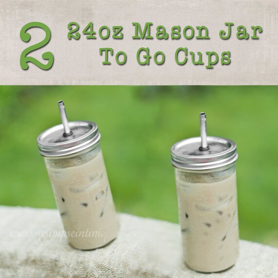 Set of 2 Hard to Find Large 24oz Mason Jar To Go Cup With