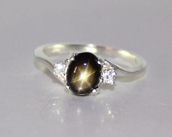 Natural Black Star Sapphire Ring Sterling Silver September Birthstone / Star Sapphire Ring Silver