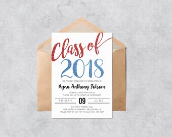 printable graduation invitation class of 2018 blue glitter