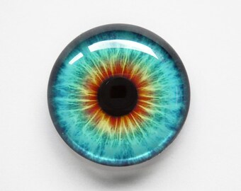 30mm handmade glass eye cabochon - turquoise / orange eye - standard profile