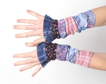 Purple ruffled cuffs, Stretchy cuffs in purple, blue and pink jersey patchwork, blue shiny ruffles, Gift for her, Womens accessories, MALAM