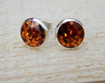 Rust Orange Glitter Stud Earrings - jewelry posts, silver earrings, accessories, women, gifts for her, sparkle