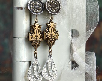 Antique Button and Rhinestone earring assemblage, statement, vintage buttons, victorian, jewelry, up cycled