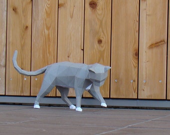Low poly Curious Cat model printable DIY PDF papercraft template, DIY Paper sculpture