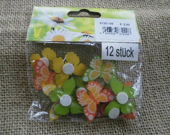 Bag of 12 wooden, yellow, green and orange butterflies, size 3 x 2.5 cm