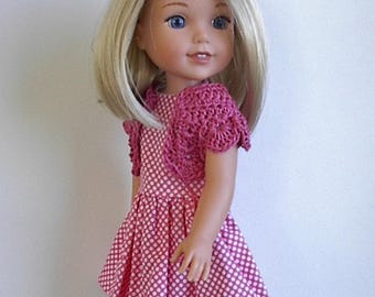 14.5" Doll Clothes Sleeveless Cotton Dress and Crocheted Bolero Shrug Handmade to fit Wellie Wishers Dolls - Pink and White Polka Dots